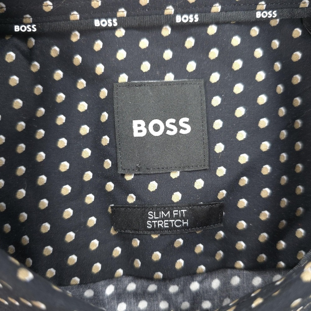 Boss Shirt Mens XL 17.5 34/35 Black Hank Kent Slim Fit Stretch Polka Dot Dress - Picture 3 of 13